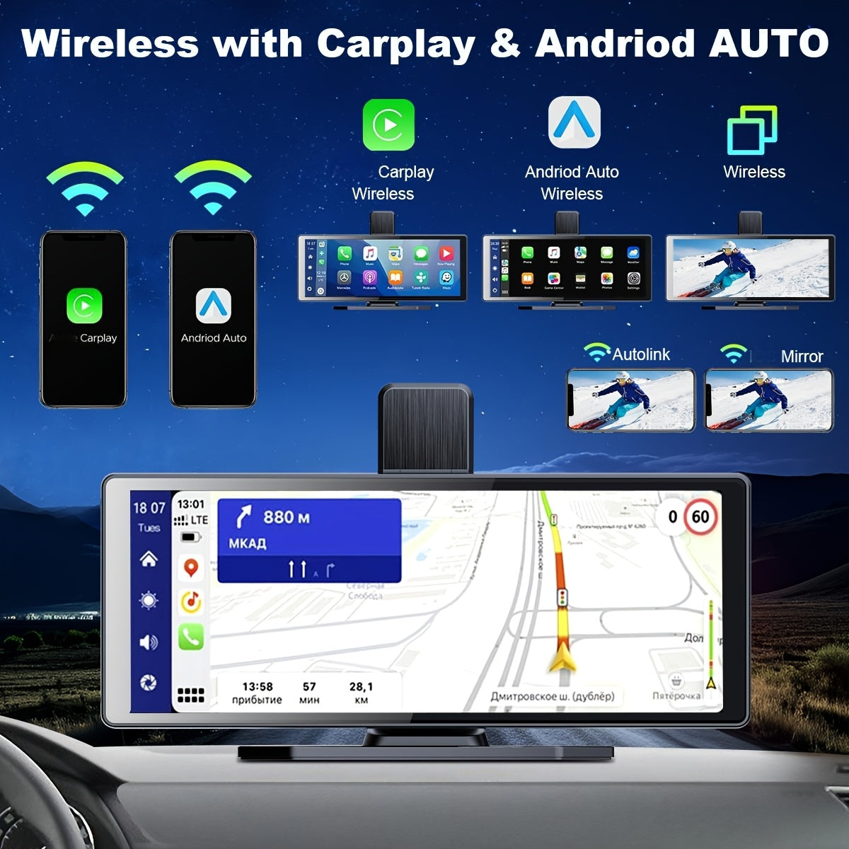10.26" Wireless CarPlay & Android Auto Car Stereo, HD Touch Screen, 4K Dash Cam, 1080P Backup Camera, GPS Navigation, FM Transmitter