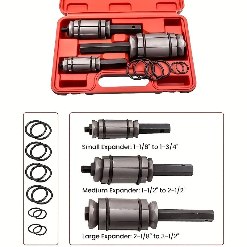 Exhaust Pipe Expander Tool Set 3pc | 1-1/8" to 3-1/2" Silencer Expansion Kit with 12 O-Rings for Cars Trucks Universal Fit