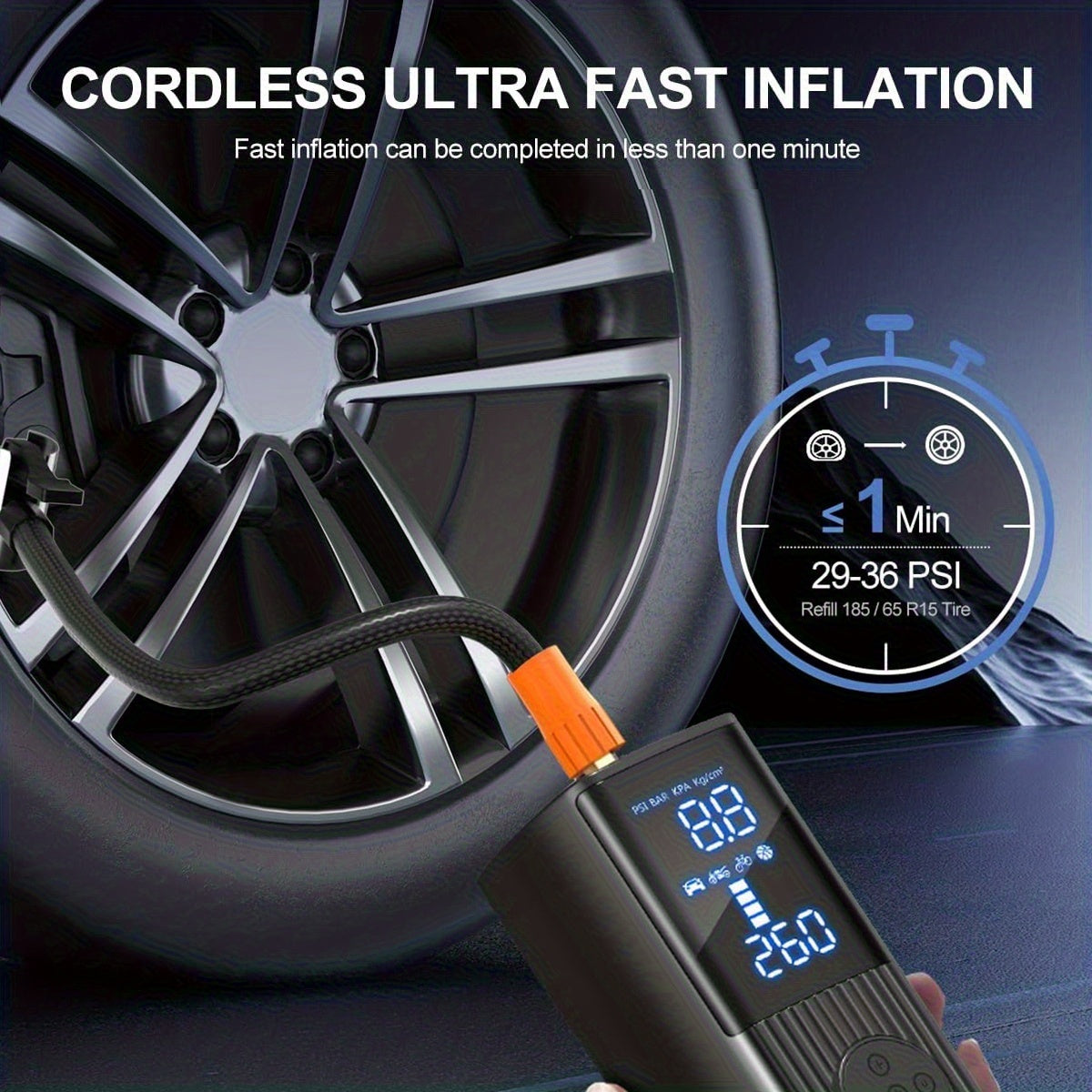 Portable Tire Inflator 210 PSI – Cordless Digital Air Pump with LED Light, 22 Cylinders, Rechargeable Battery for Car, Motorcycle, Bicycle & Ball