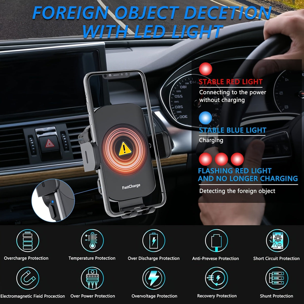 Auto-Clamping Wireless Car Charger Holder, 15W Qi Fast Charging Phone Mount with Automatic Clamping Arms, Hands-Free Car Charging Cradle for iPhone 15 14 13 12 11 Pro Max & Qi Smartphones