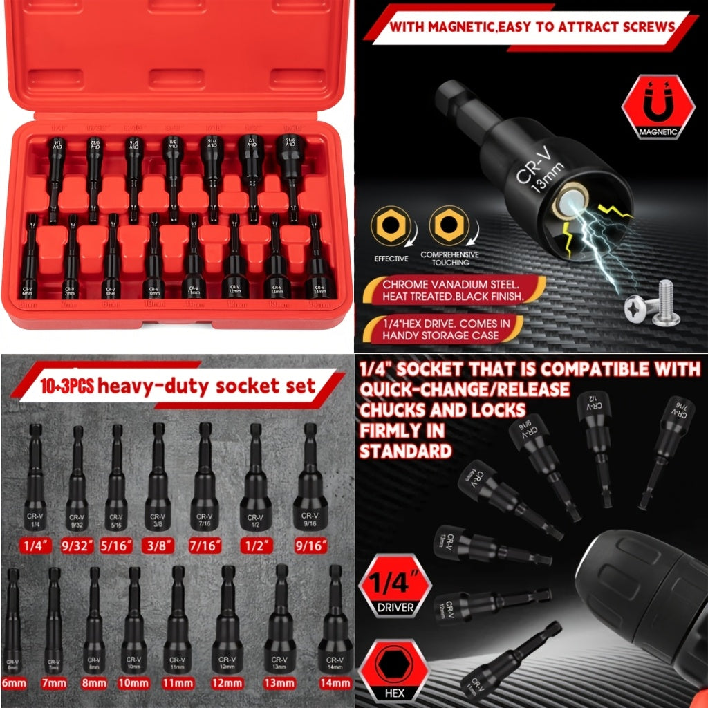 Magnetic Socket & Screwdriver Set 10-54pcs, 1/4" Hex Shank Impact Driver Bits, Chrome Vanadium Steel, SAE & Metric Nut Driver Drill Bit Kit — Canvas Bag or Red Box