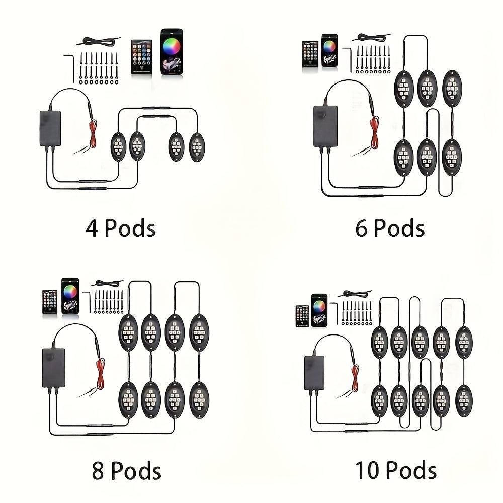 RGB LED Rock Light Kit 10-Piece – Multicolor Underglow Lights with APP & Remote Control, Music Mode, for Jeep UTV ATV SUV Offroad