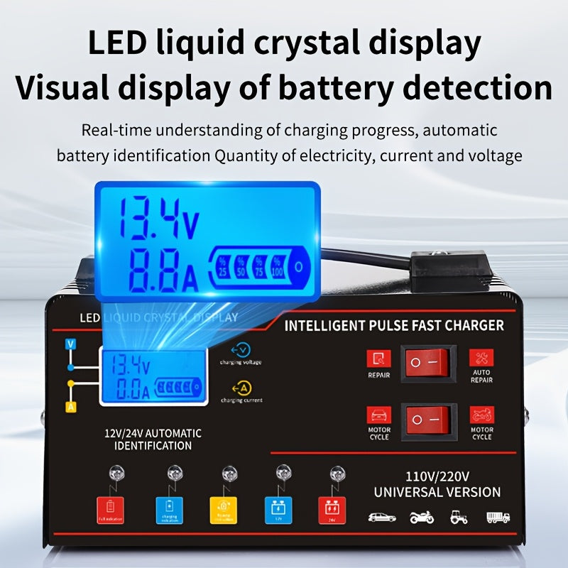 12V/24V Smart Universal Battery Charger – LCD Screen, Pulse Repair, Trickle Maintainer & Temperature Regulation for Car, Truck, Motorcycle, Boat & Lawn Mower Lead Acid Batteries
