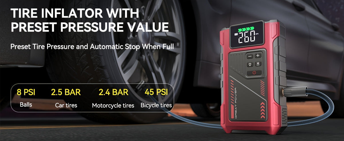 Car Jump Starter with Air Compressor 5000A Peak – 150 PSI Tire Inflator, 12V Battery Booster Pack, 5-in-1 Portable Jump Starter for Gas 8.0L / Diesel 6.5L, Smart Clamp Cables
