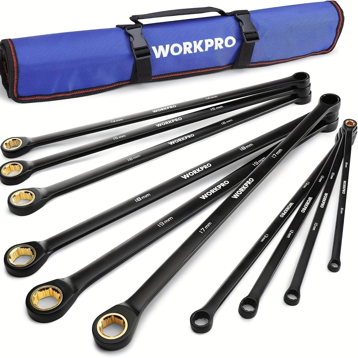 Ratcheting Wrench Set 10-Piece Extra Long Double Box Wrenches Metric 8-19mm 72-Tooth Cr-V Steel Anti-Slip with Rolling Pouch by WORKPRO