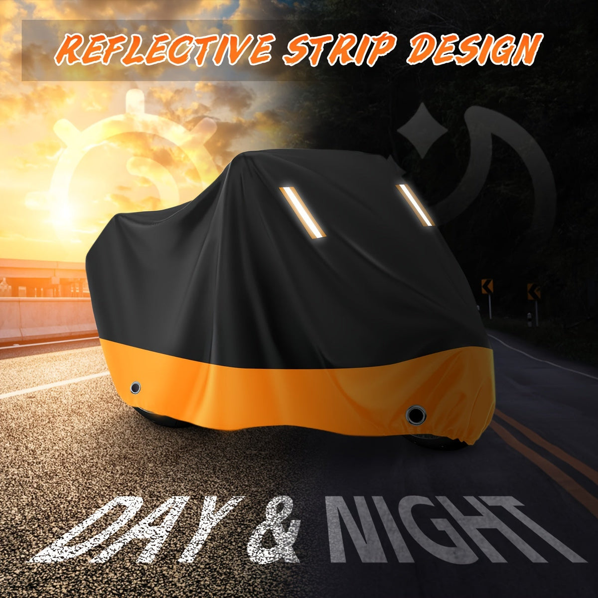 Motorcycle Cover Waterproof 210D Oxford Cloth - All-Weather UV & Dust Protection, Reflective Strips, Fits Harley Honda Suzuki & More, Black Orange, M XL XXL XXXL