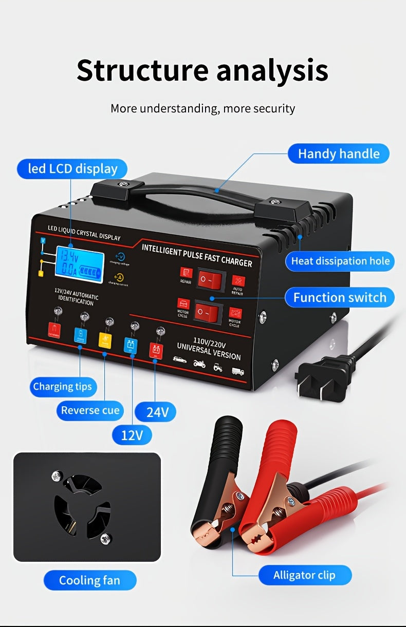 12V/24V Smart Universal Battery Charger – LCD Screen, Pulse Repair, Trickle Maintainer & Temperature Regulation for Car, Truck, Motorcycle, Boat & Lawn Mower Lead Acid Batteries