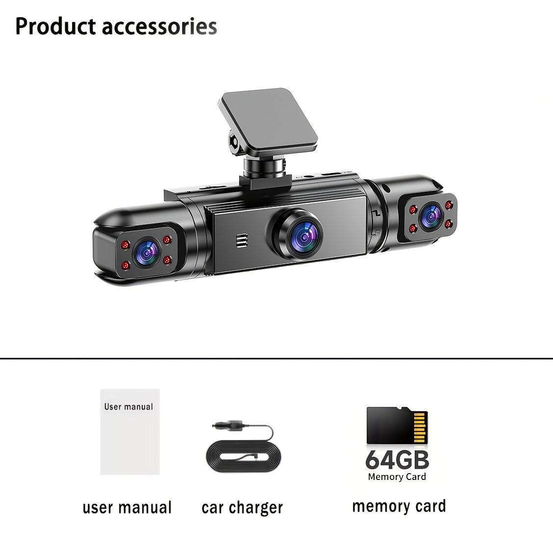 Dash Cam 360° Panoramic 3/4 Lens – 1080P HD Front + 720P Rear Left Right, Quad-Split Screen, Night Vision, G-Sensor, Loop Recording, WDR Car Camera