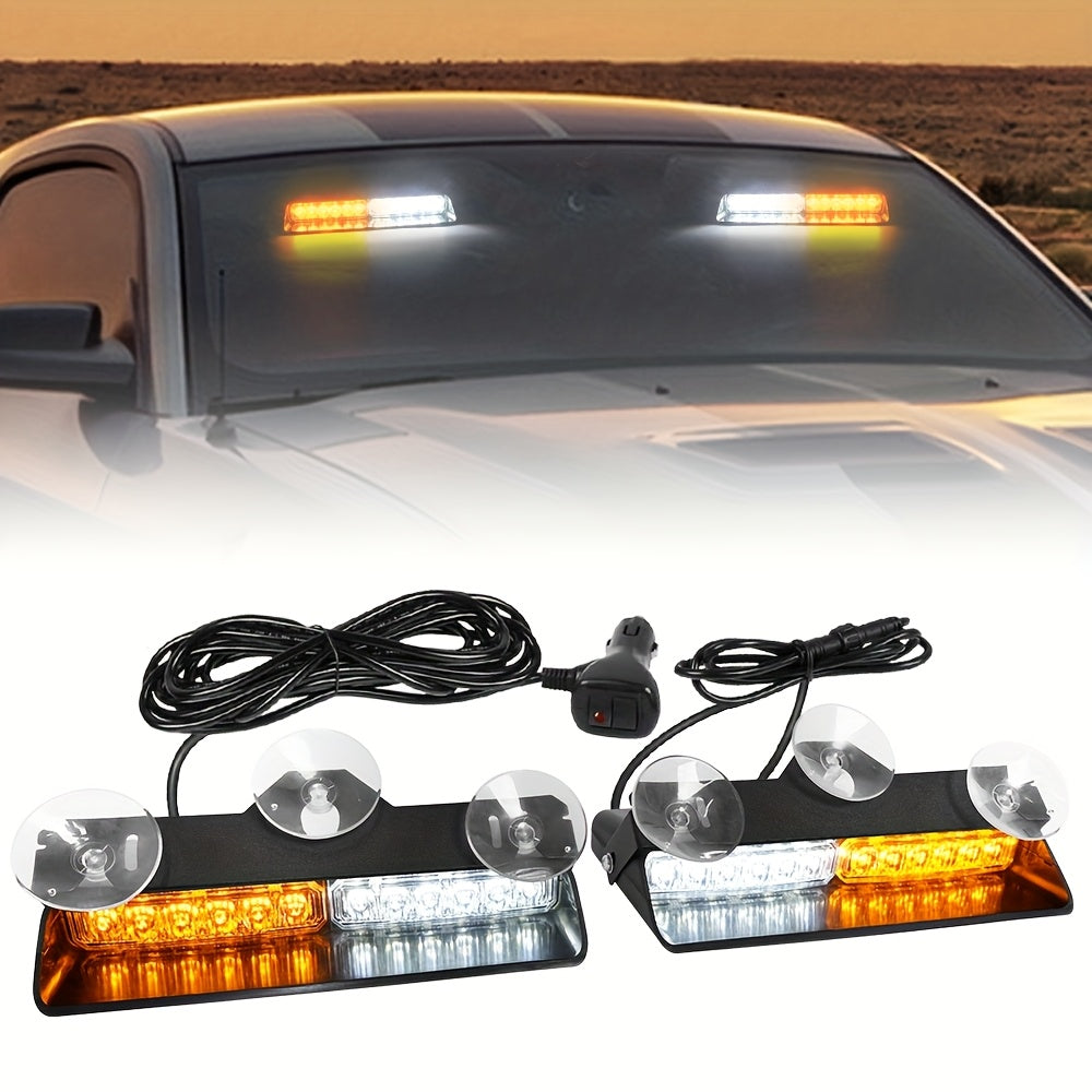 24-LED Emergency Dash Light Bar 2-in-1, Interior Windshield Strobe Warning Light with Suction Cups, 12-24V for Snow Plow Trucks Construction Vehicles Cars, Amber & Amber/White