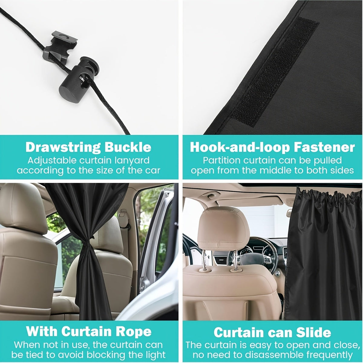 Car Curtains 99% Light Blocking 3PCS – Rear Seat Divider & Side Window Sunshade | Extra Large Universal Fit Sedan SUV Privacy Blackout