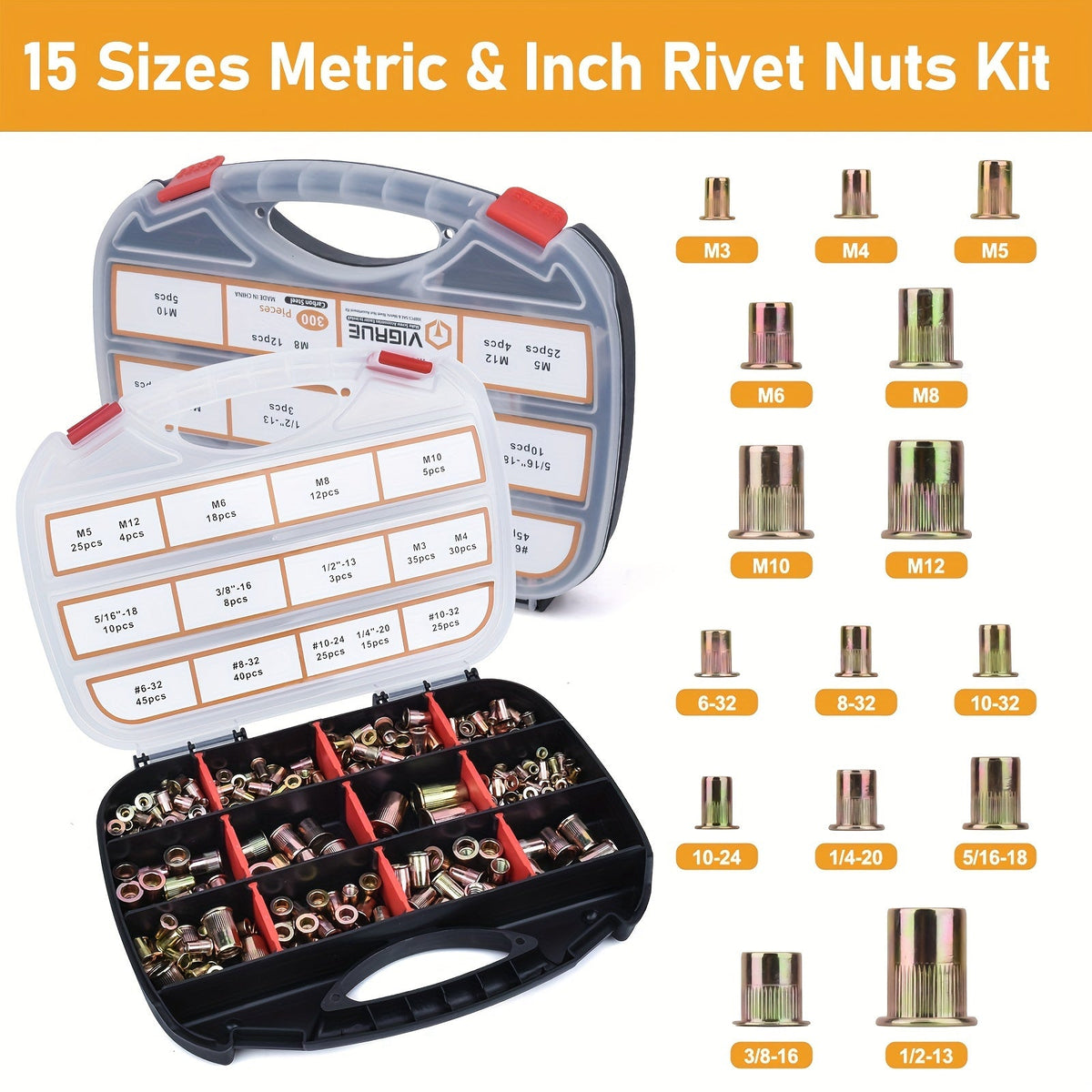 Rivet Nut Tool Kit 16-Inch – 15 Metric & SAE Mandrels M3-M12, 6-32 to 1/2-13, with 300 Rivet Nuts Included