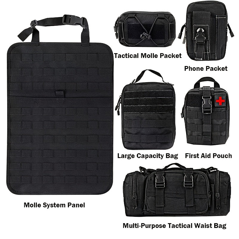 Tactical Car Seat Back Organizer MOLLE System Oxford Fabric 5 Detachable Pouches Multi-Compartment Modular Storage for Trucks SUVs Black