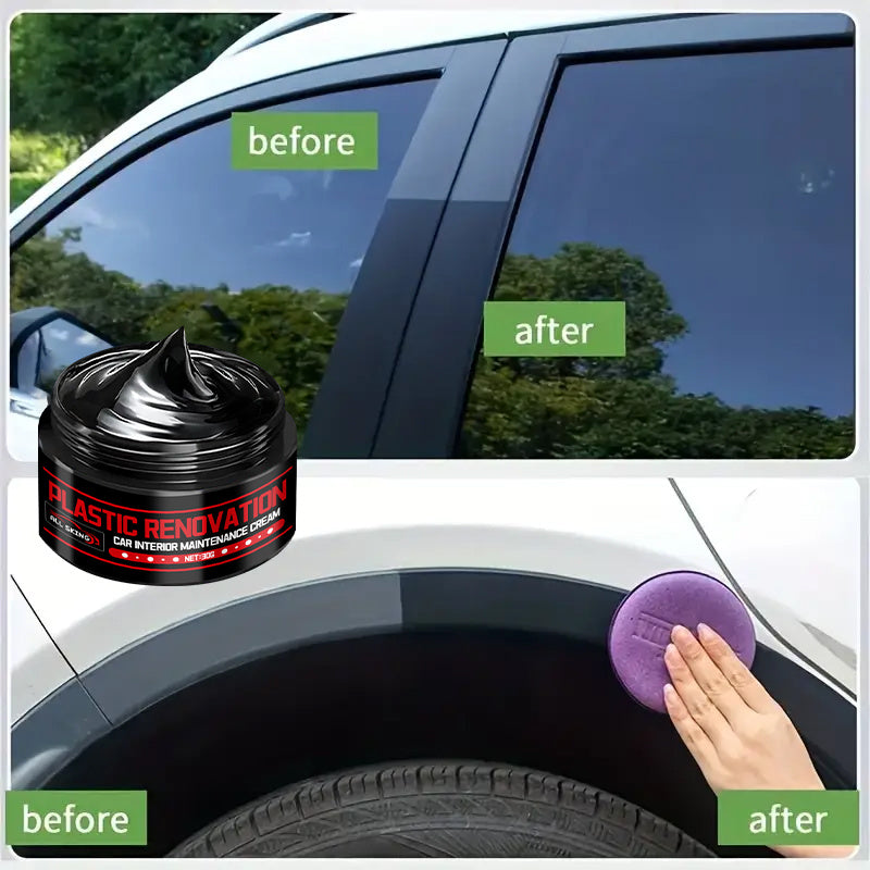 Plastic Restorer Paste 30g – Black Interior Trim Polish, Anti-Aging Refurbishment Cream for Car Plastic, Leather & Tire Shine with Sponge