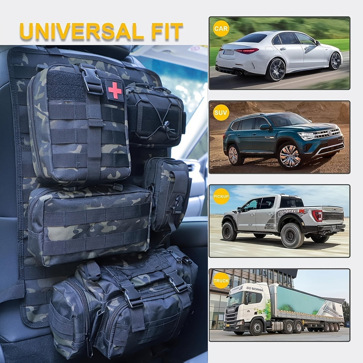 MOLLE Tactical Car Seat Organizer Pouch 6pcs Set Heavy Duty Nylon Adjustable Seat Back Storage for Jeep Truck SUV Gear First Aid Tools EDC Black