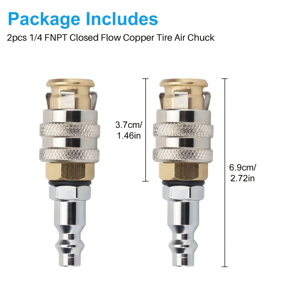 Brass Tire Valve Adapter 2Pc – Closed Flow Quick-Connect, 1/4" NPT Female Thread, 250 PSI, Fits Car Truck Bicycle Air Compressor Inflator