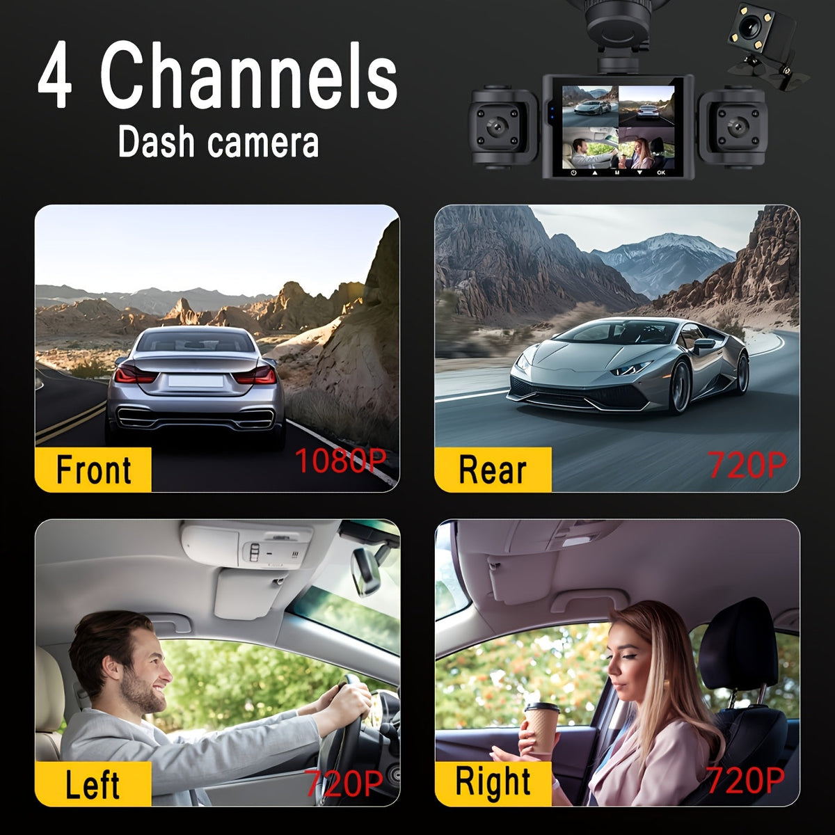 4-Lens 360° Dash Cam 1080P – Front Rear Left Right Coverage, 2.4" Quad-Split Screen, Super Night Vision WDR, G-Sensor Loop Recording, Optional 64GB Card