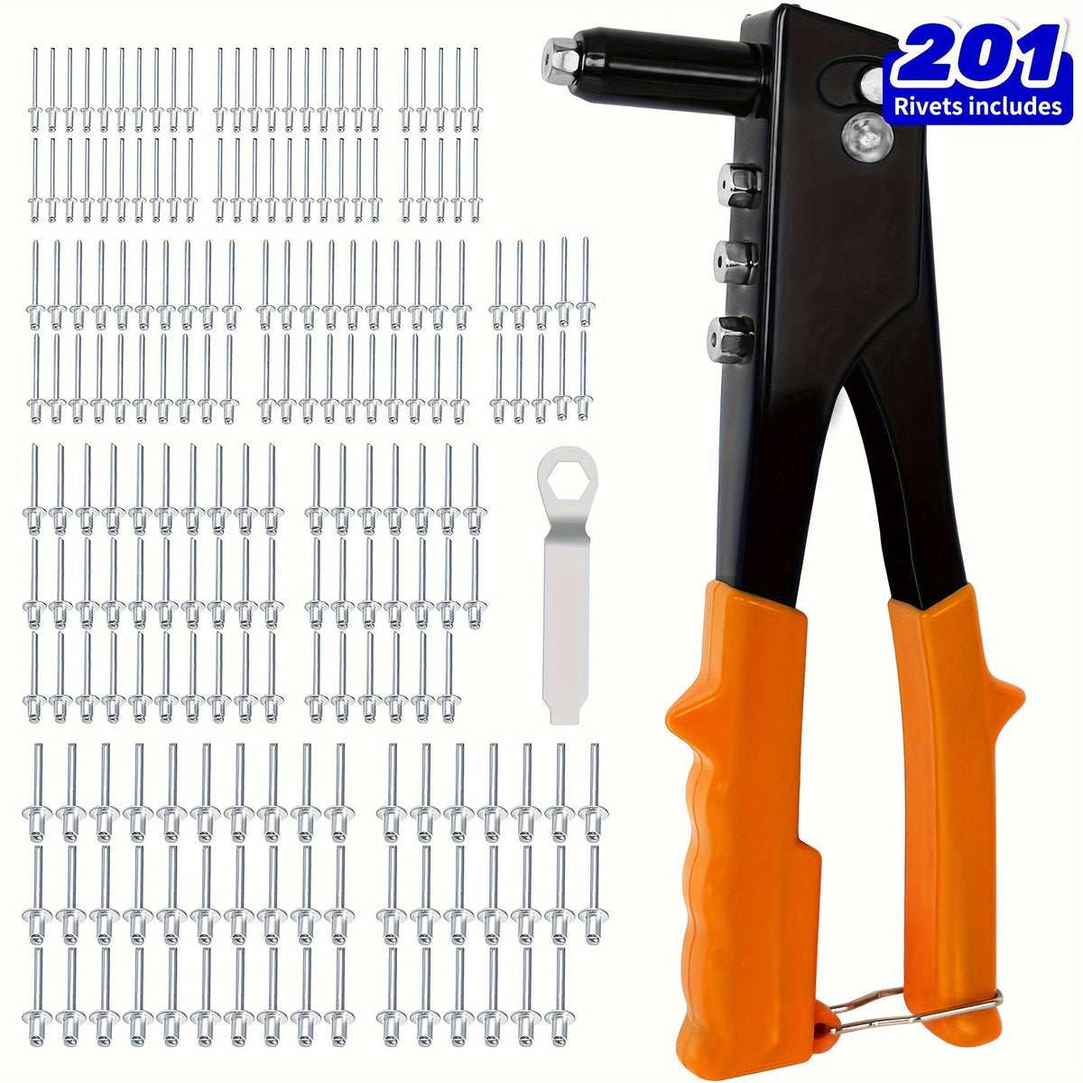 Hand Riveter Gun Kit 4-in-1, 201Pcs with 200 Pop Rivets, 4 Interchangeable Nosepieces 3/32 1/8 5/32 3/16, Heavy Duty Metal Rivet Tool for Automotive Sheet Metal Repair