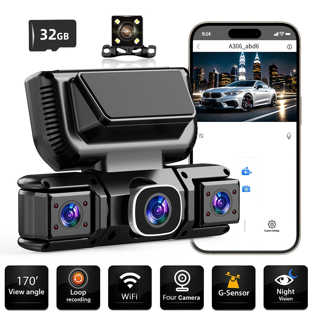 360° Dash Cam 4-Channel with Night Vision, 3.16" IPS Screen, WiFi, G-Sensor, Parking Mode & 32GB Card – Front Rear Side Car Camera