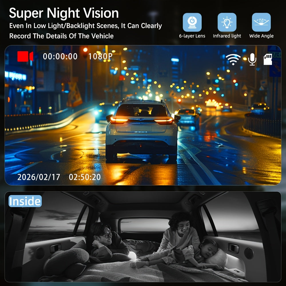 Dual Dash Cam 1080P HD Front & Cabin – 2" IPS Screen, 170° Wide Angle, ADAS, Night Vision, 24H Parking Mode, G-Sensor Loop Recording, No SD Card