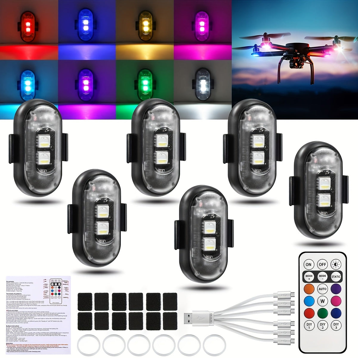 Strobe Warning Lights with Remote – 8-Color USB Rechargeable IP65 Waterproof Anti-Collision LED for Car Truck Motorcycle Bicycle Drone, 6 or 8pcs