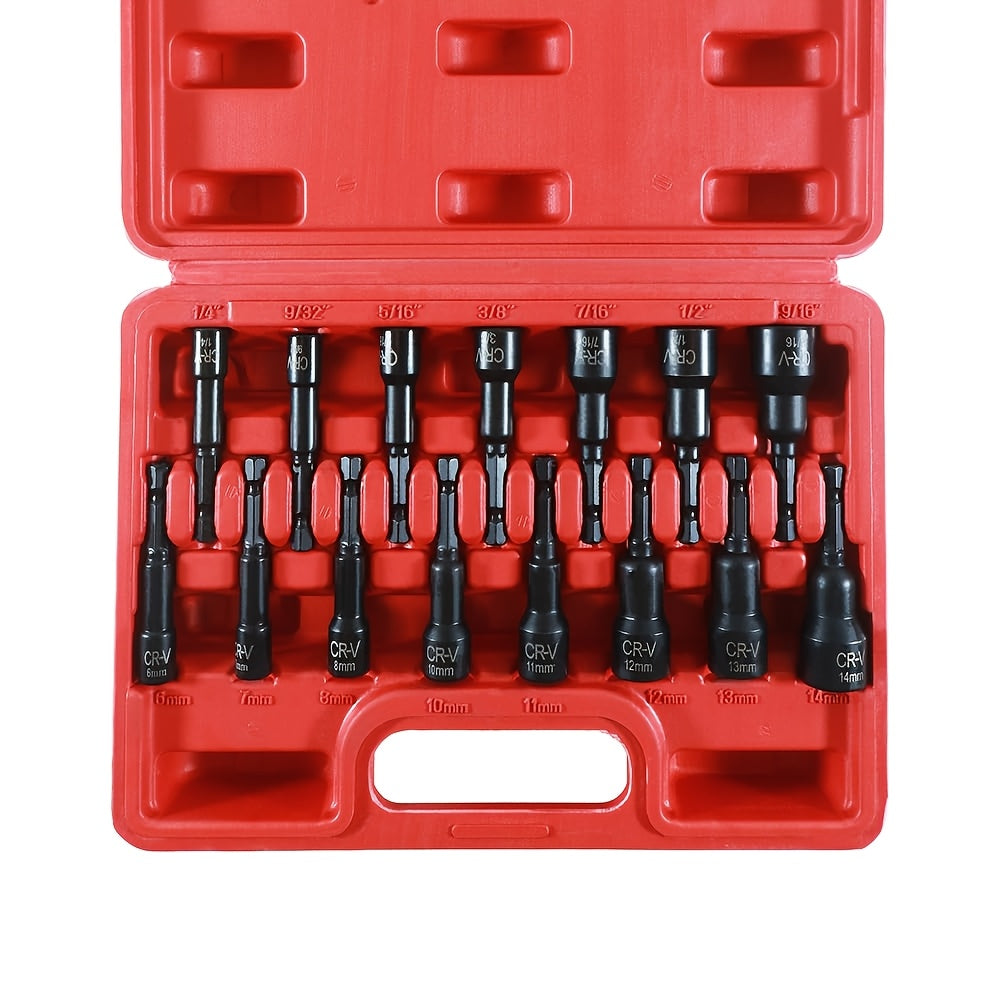 3/8 Inch Drive Impact Socket Set Metric 8-22mm SAE 5/16-3/4 in, 6-Point Cr-V, with Ratchet Handle Adapter & Storage Box, 15/50/92pcs Options