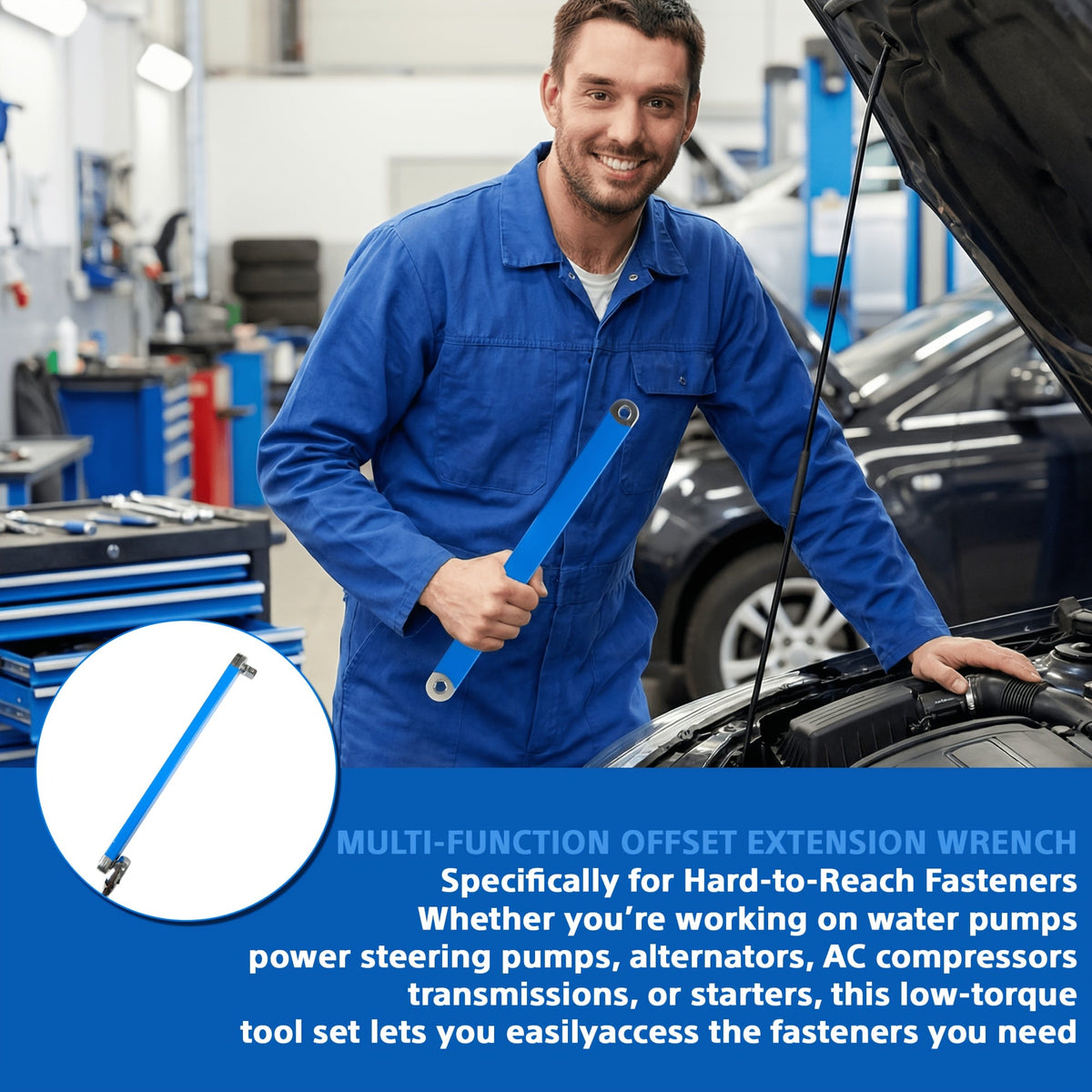 Zero Offset Extension Wrench Set 15 Inch Impact-Ready with 3/8 Ratchet & 1/2 1/4 3/8 Square Drive Adapters for Tight Spaces & Auto Repair