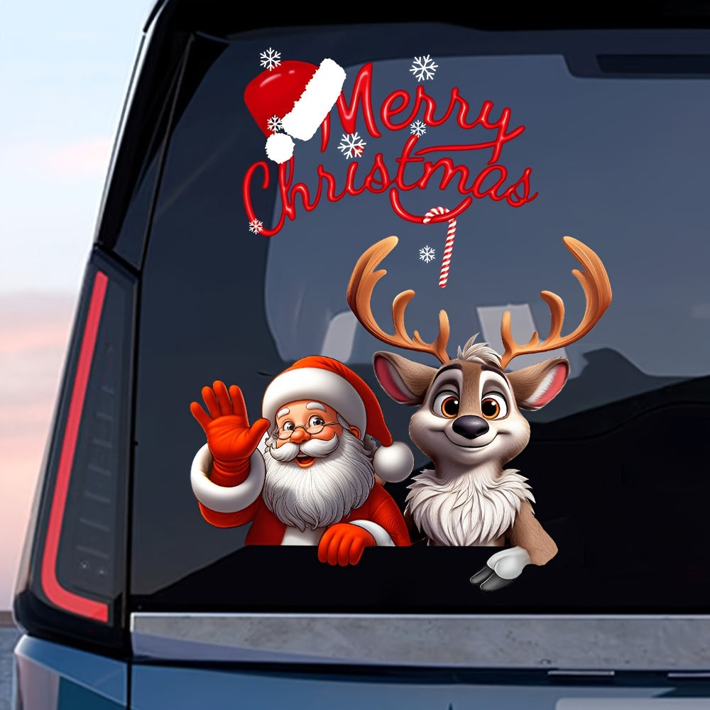 Christmas Car Stickers 2pcs – Santa Reindeer & Snowflake Decals for Car Window Truck SUV Glass Wall Door Holiday Decoration