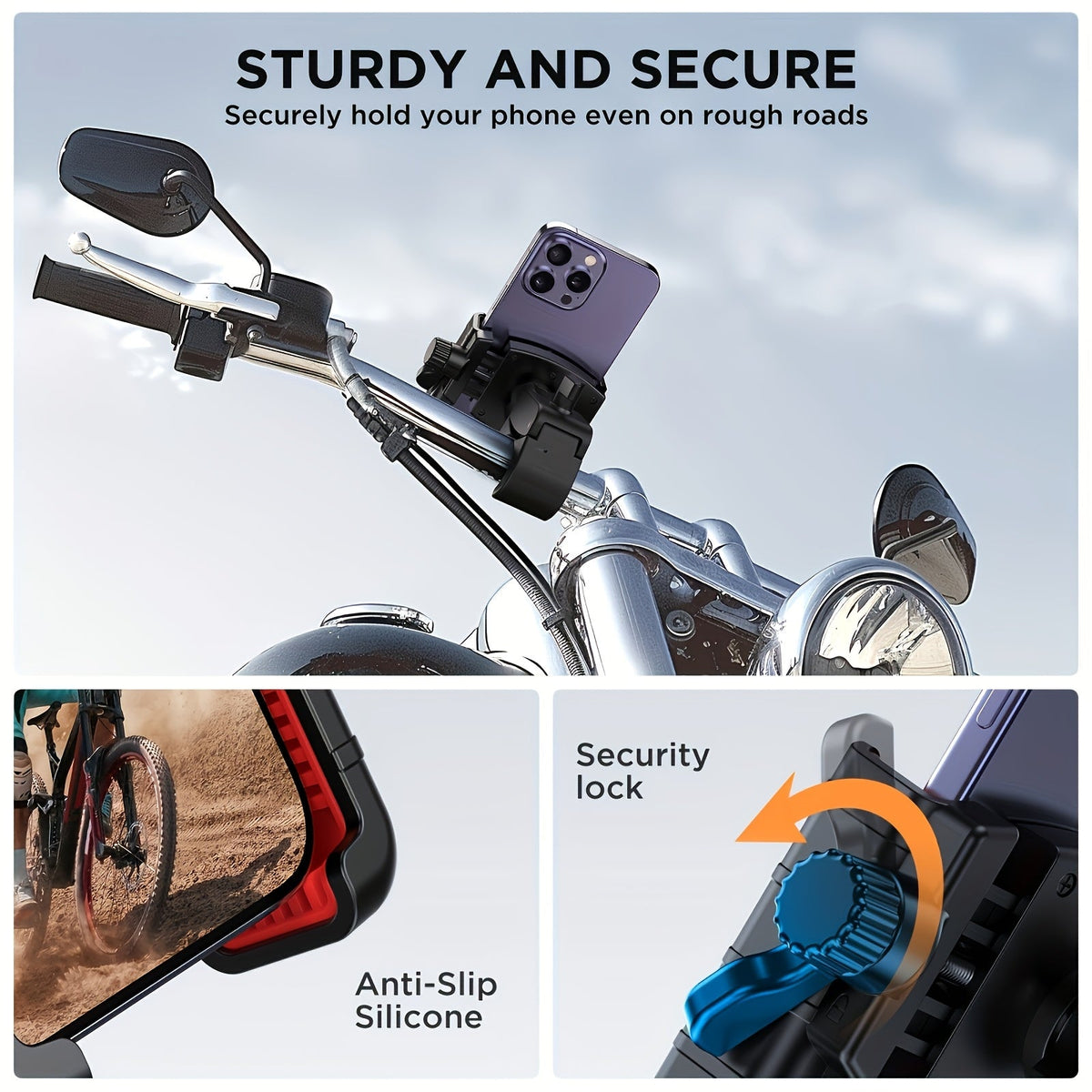 Motorcycle Phone Mount – Quick Lock Handlebar Holder, Camera-Friendly Universal Bike Clamp for iPhone & Samsung 4–7" | Scooter Bicycle E-Bike