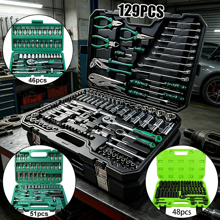 Socket Wrench Set 46–129 Piece – 1/4" & 1/2" Drive Ratchet Tool Kit | 72-Tooth Ratchet, Extension Rods & Universal Joint | Automotive & Home Repair