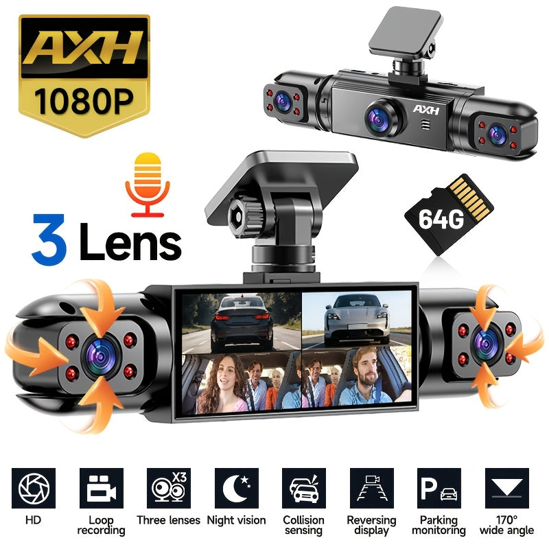 Dash Cam 360° Panoramic 3/4 Lens – 1080P HD Front + 720P Rear Left Right, Quad-Split Screen, Night Vision, G-Sensor, Loop Recording, WDR Car Camera