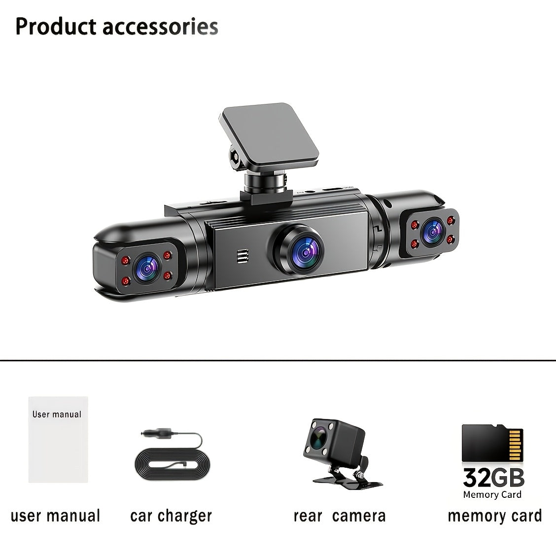 Dash Cam 360° Panoramic 3/4 Lens – 1080P HD Front + 720P Rear Left Right, Quad-Split Screen, Night Vision, G-Sensor, Loop Recording, WDR Car Camera
