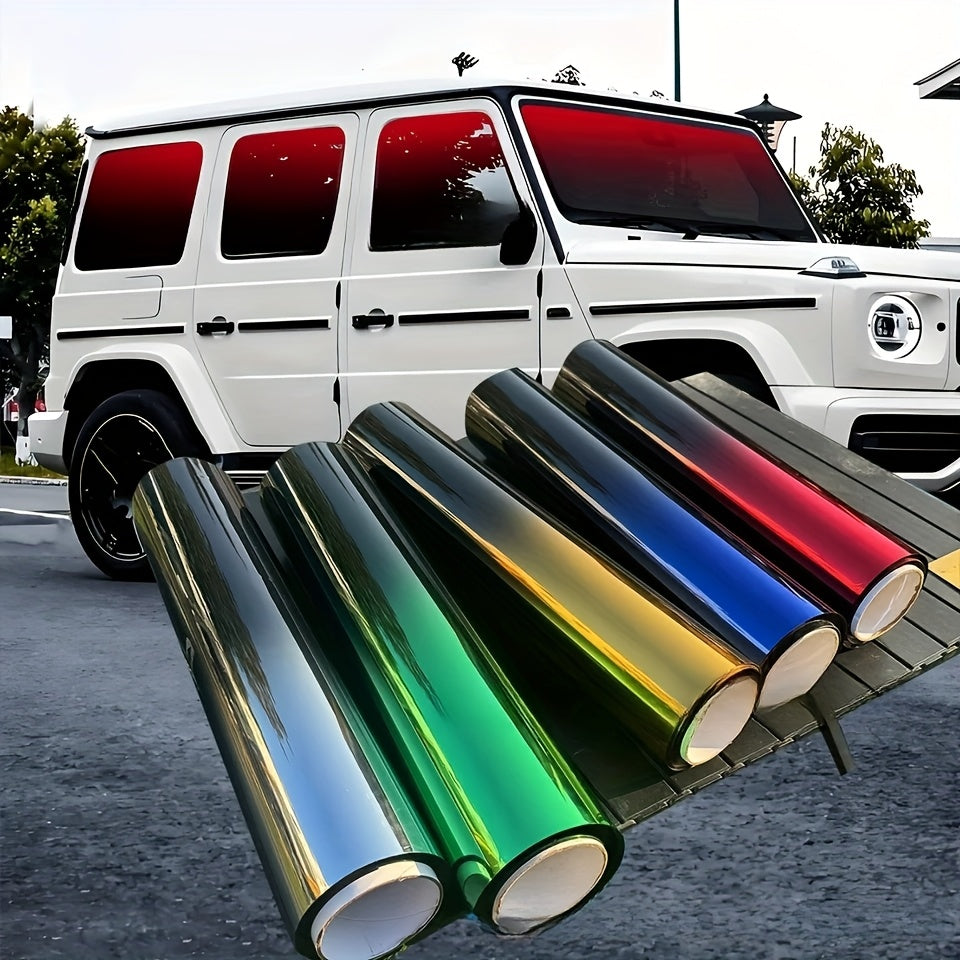 Car Window Tint Film Gradient Two-Color 19.7x118 Inch - Heat Resistant UV Protection Peel & Stick, Windshield Visor Strip & Side Window Wrap, Red Black Silver Blue Green Black Blue Black