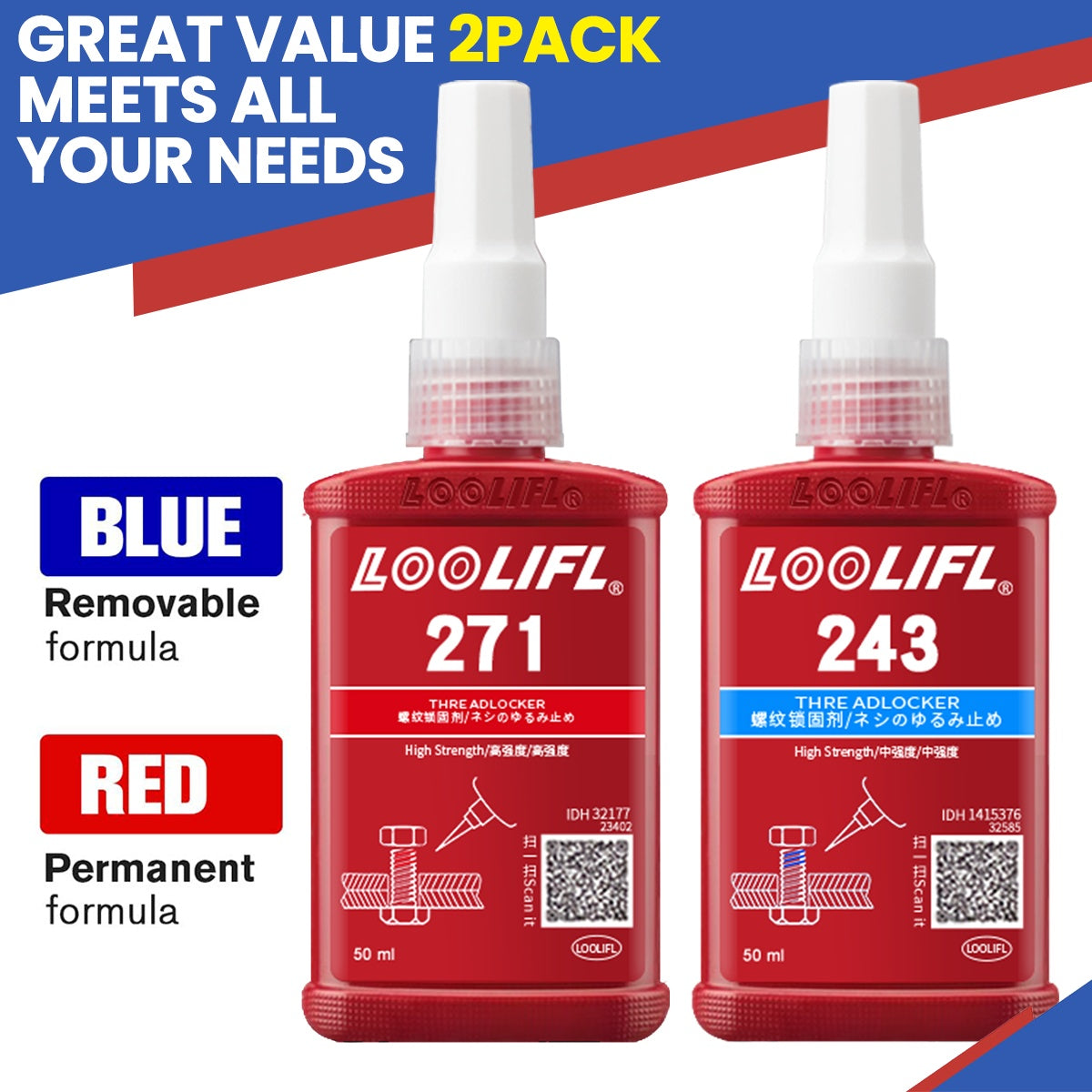 Threadlocker Adhesive 243 & 271 – Anaerobic Screw Locking Glue, Medium & High Strength, Heat-Resistant Anti-Loosening Sealant for Metal Bolts & Fasteners