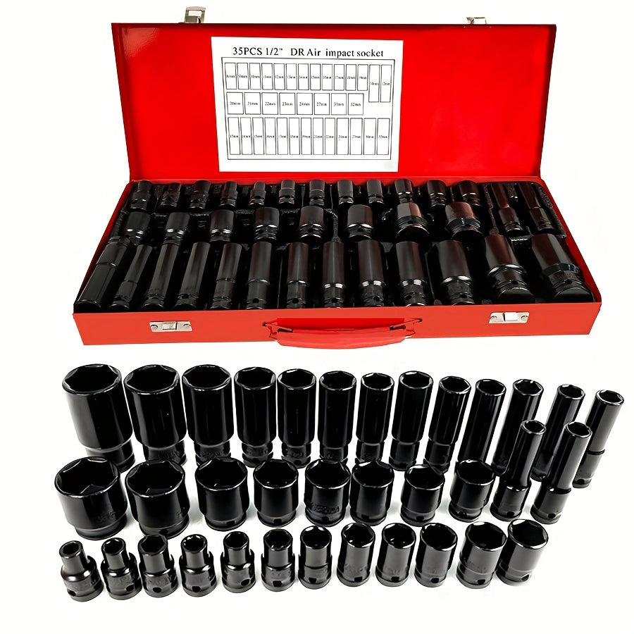 Deep Impact Socket Set 1/2" Drive 6-Point Metric 8-32mm Cr-Mo Steel for Axle Hub Nut Heavy-Duty Vehicle Repair 10 15 35-Piece with Case