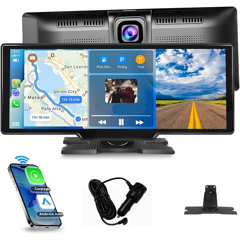 Portable Car Stereo with Wireless CarPlay & Android Auto, 10.26 Inch 1080P Touchscreen Car Radio Receiver with Voice Control, FM Transmitter, Backup Camera Support & Handsfree Calling for All Vehicles