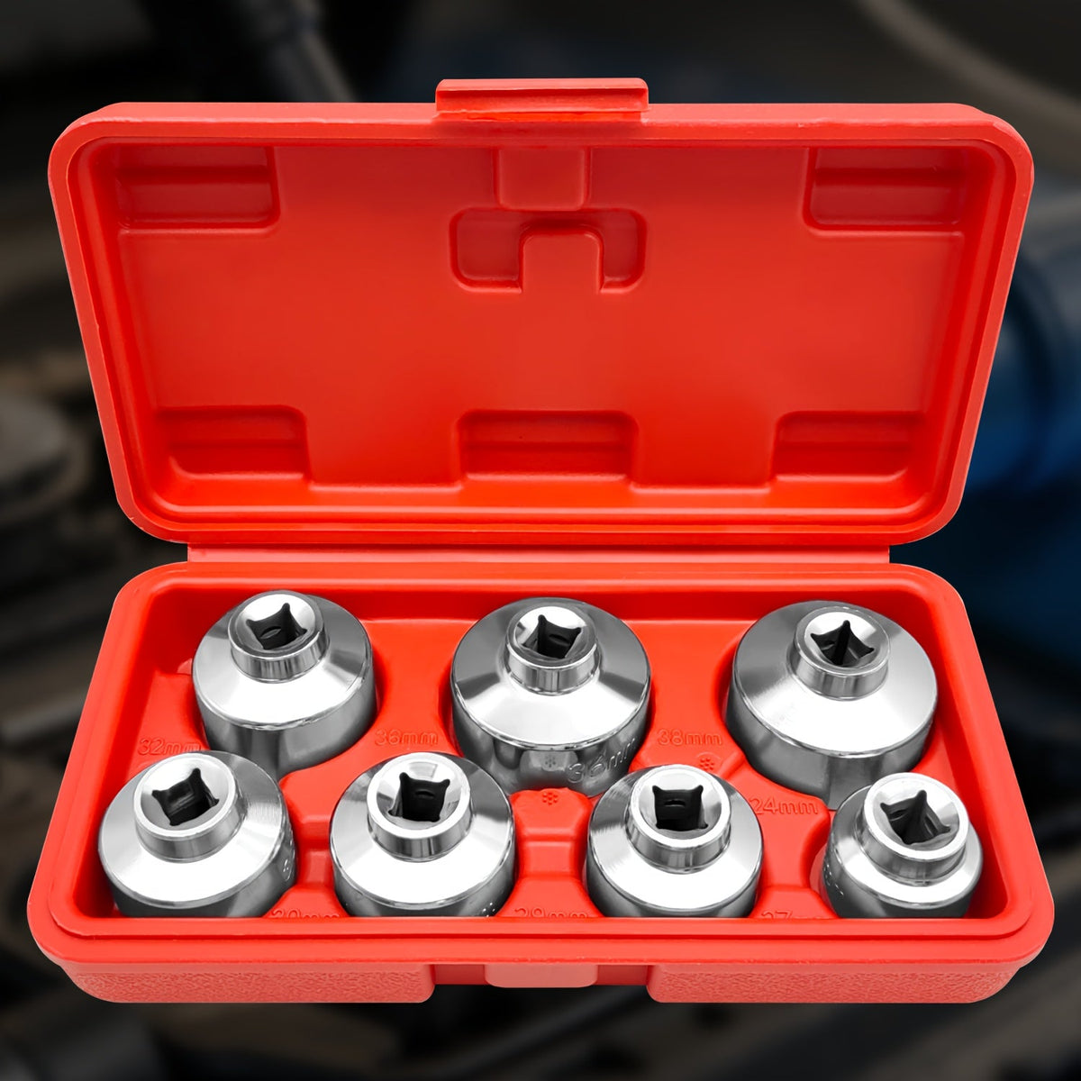 Oil Filter Socket Wrench Set 7-Piece – 24mm to 38mm CR-V Steel, 3/8" Drive Hex Cap Wrench Kit for Oil Changes, Universal Fit