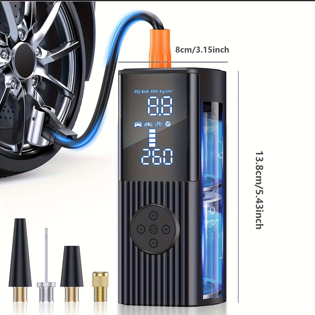 Portable Tire Inflator 210 PSI – Cordless Digital Air Pump with LED Light, 22 Cylinders, Rechargeable Battery for Car, Motorcycle, Bicycle & Ball