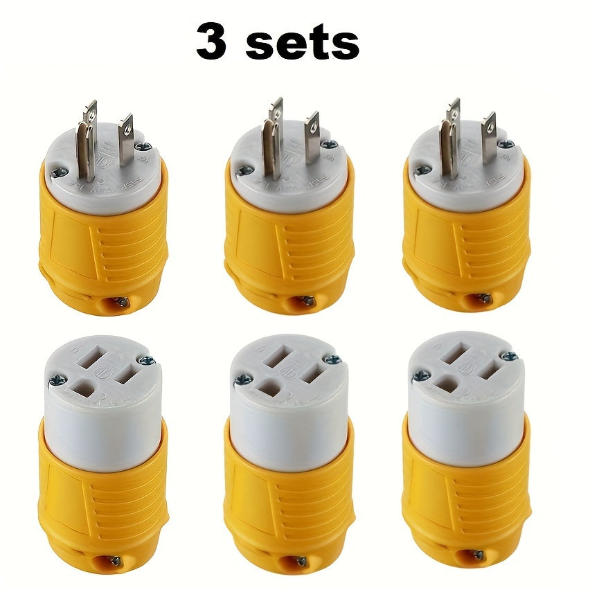 NEMA 5-15R RV Replacement Plug Set | Male & Female Connectors 15A 125V American Industrial Straight Connector for RV, Generator & Outdoor Use – Yellow, 1 or 3 Sets