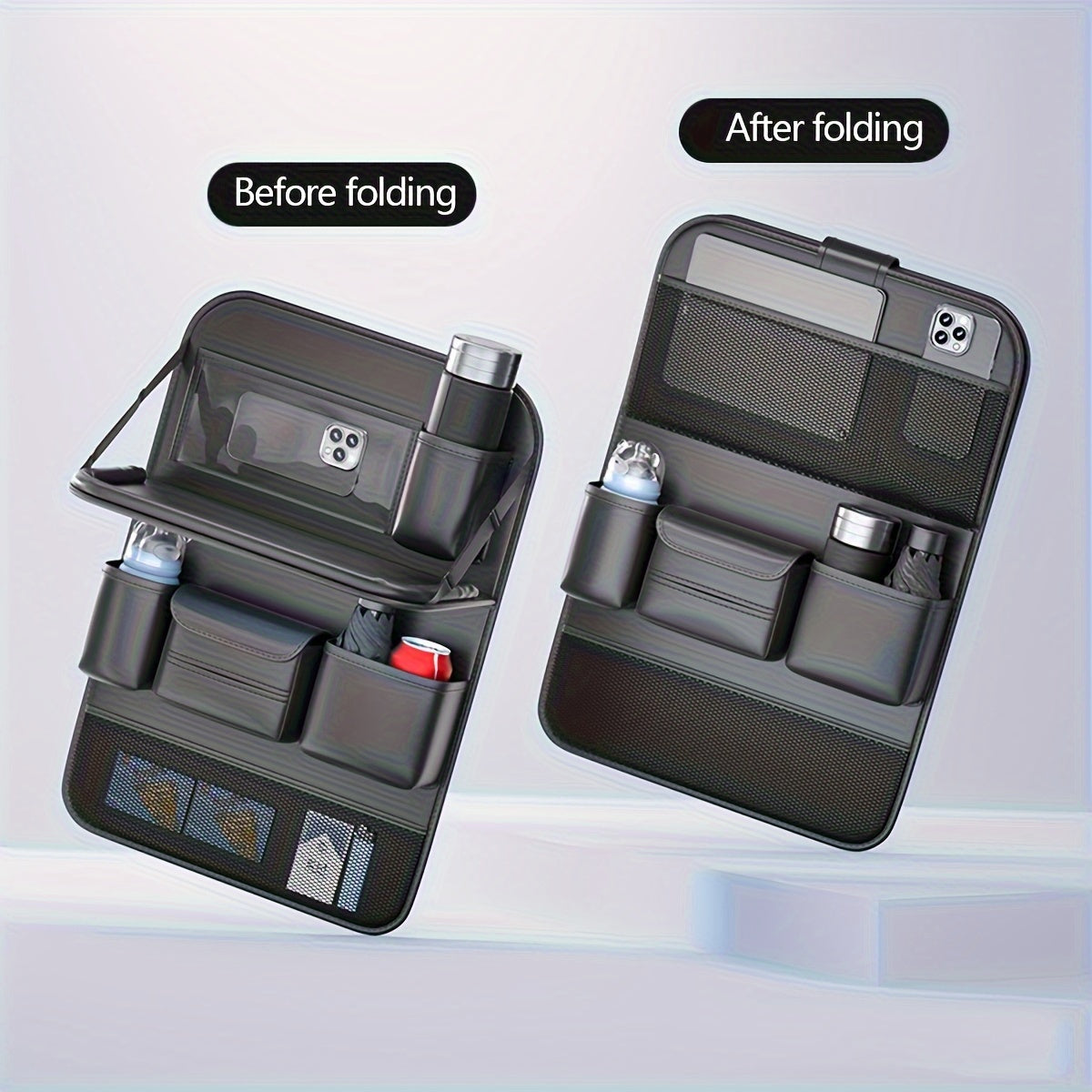 Car Seat Back Organizer with Folding Dining Table & Cup Holder – Premium PU Leather, Spacious Storage, Travel Accessories | 1pc & 2-Pack, Multi-Color