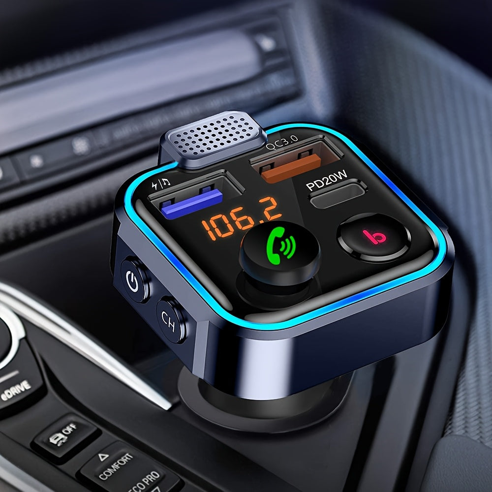 Bluetooth FM Transmitter for Car – Bluetooth 5.3, USB PD 20W Fast Charge, Dual Mic CVC Noise Reduction, Hi-Fi Stereo, 7-Color LED, MP3 Player & Hands-Free Calling