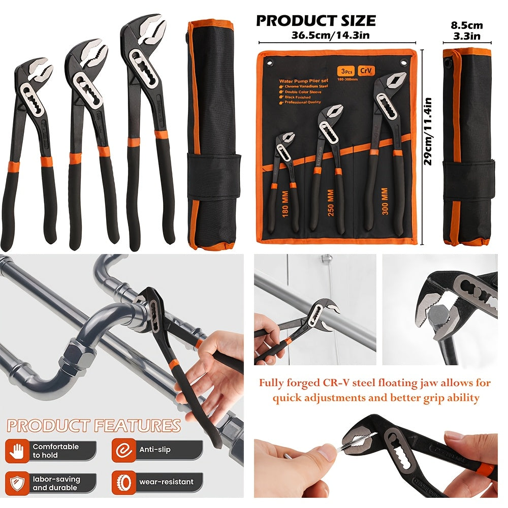 Adjustable Pump Pliers Chrome Vanadium Steel, Quick-Adjust Groove Joint Pliers with Roll-Up Pouch, 10 Inch / 12 Inch