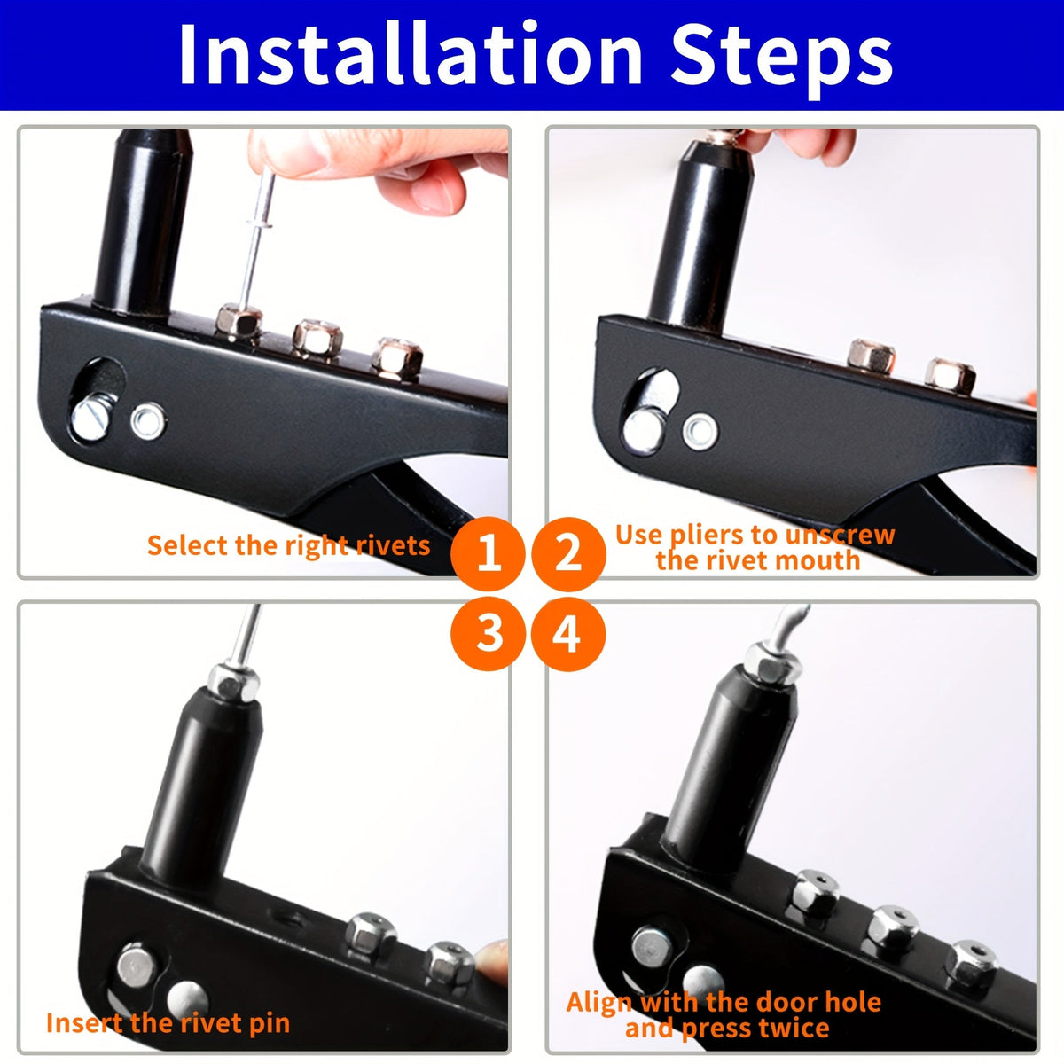 Hand Riveter Gun Kit 4-in-1, 201Pcs with 200 Pop Rivets, 4 Interchangeable Nosepieces 3/32 1/8 5/32 3/16, Heavy Duty Metal Rivet Tool for Automotive Sheet Metal Repair
