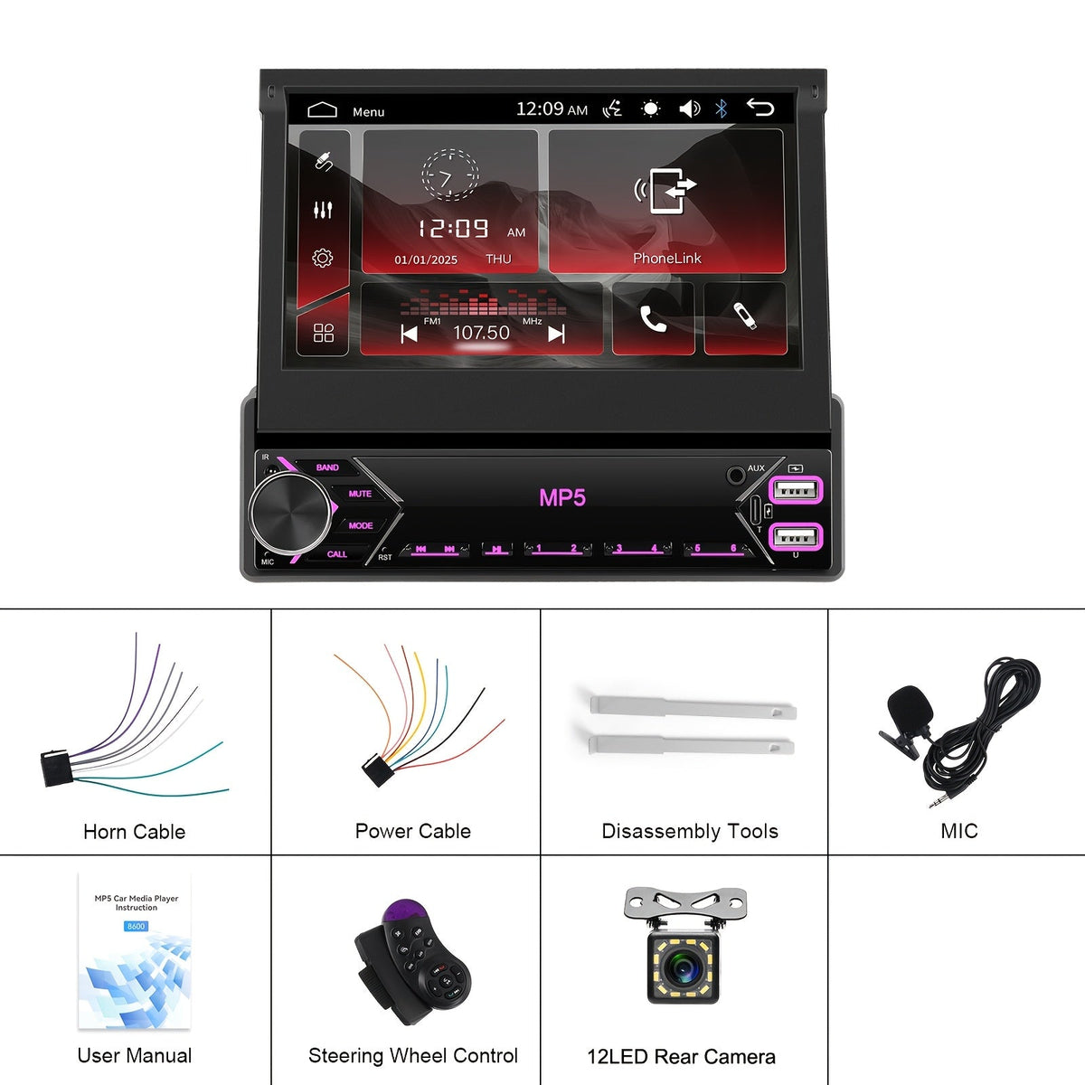Podofo Single DIN Car Stereo – 7" HD Flip-Out Touchscreen | Wireless CarPlay & Android Auto | Backup Camera, FM Radio, USB, AUX, Voice Control