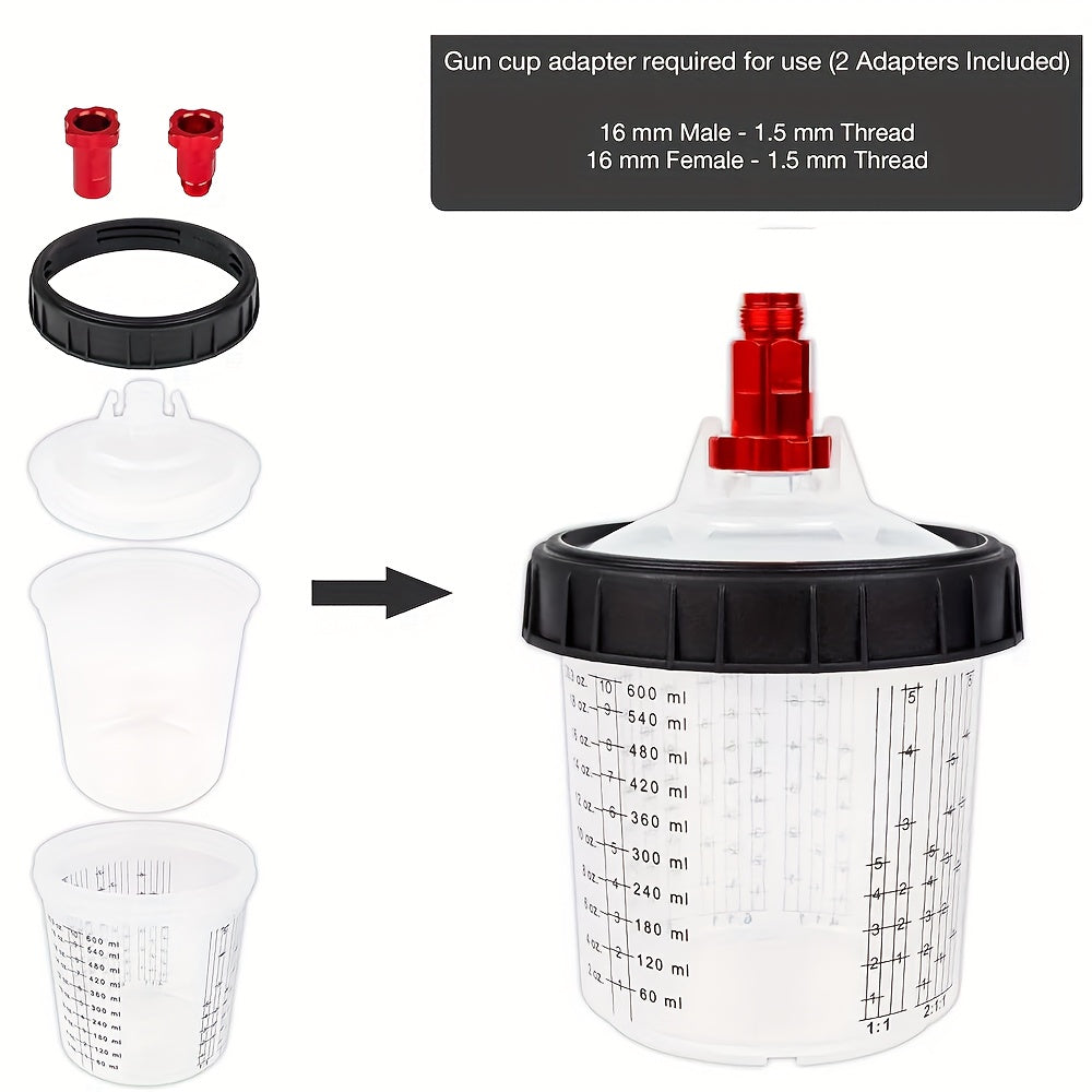 Disposable Paint Cup Liners 50-Pack – PPS 20oz Cups with Lids, 125-Micron Strainers, HVLP Spray Gun Adapters, Sealing Plugs & Stirrer | Automotive Body Shop
