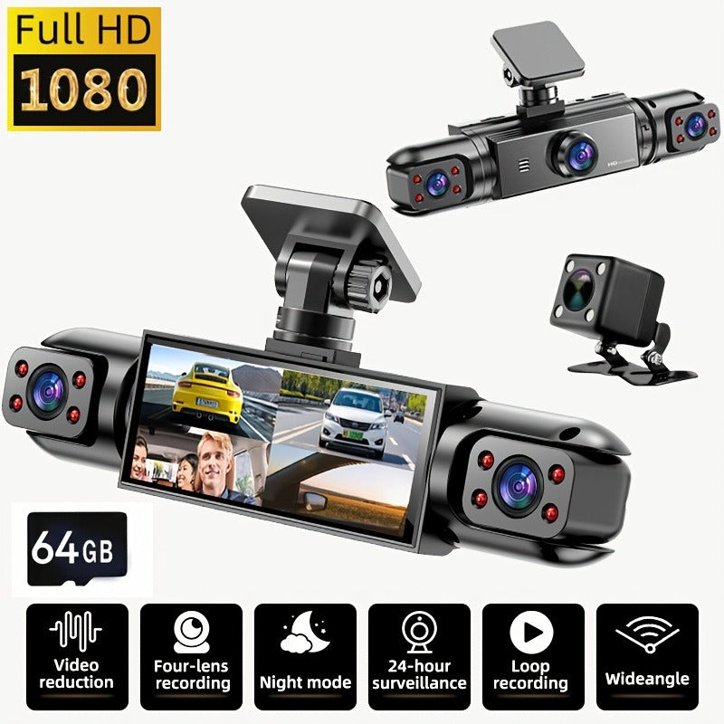 360° Dash Cam 3/4 Channel – 1080P Front + 720P Front/Rear/Left/Right Full Coverage, Night Vision, WDR, G-Sensor & Loop Recording