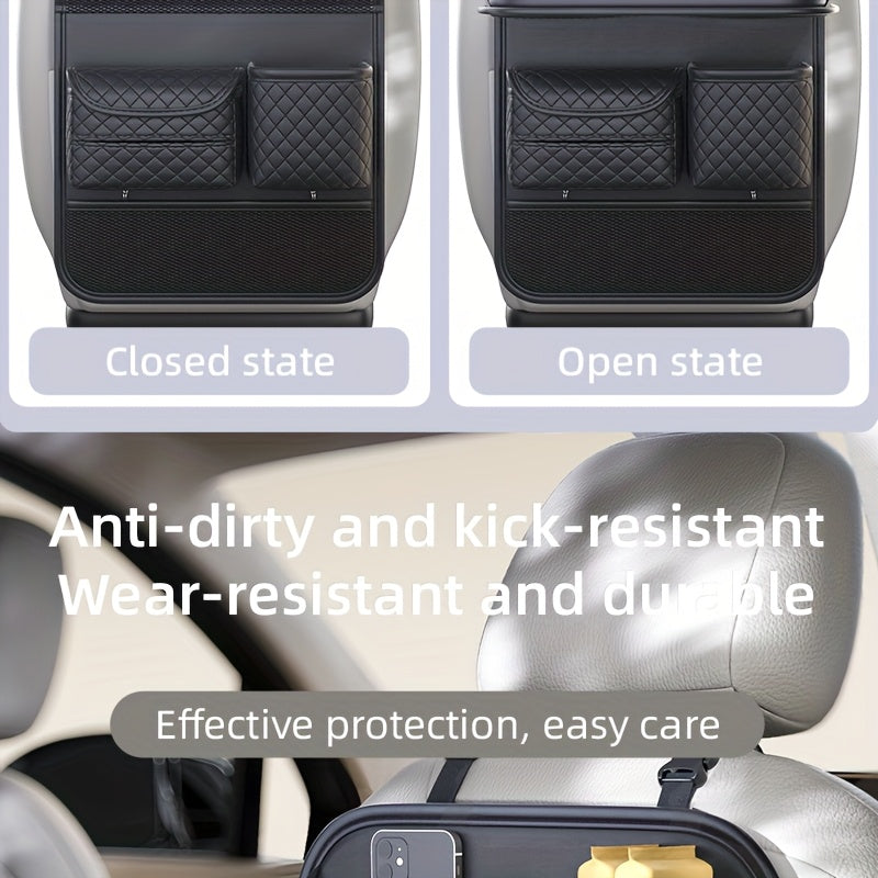 Car Seat Back Organizer Faux Leather with Tablet Holder Cup Holder Mesh Pockets Foldable Backseat Storage Bag for Kids Adults Universal Fit Black Beige Brown