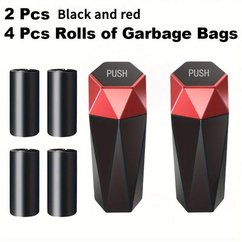 Car Trash Can with Lid & Bags 6-Piece Set - Mini Diamond Design, One-Button Lid, 2 Cans + 60 Bags, Fits Cars Trucks SUVs, Cow Print