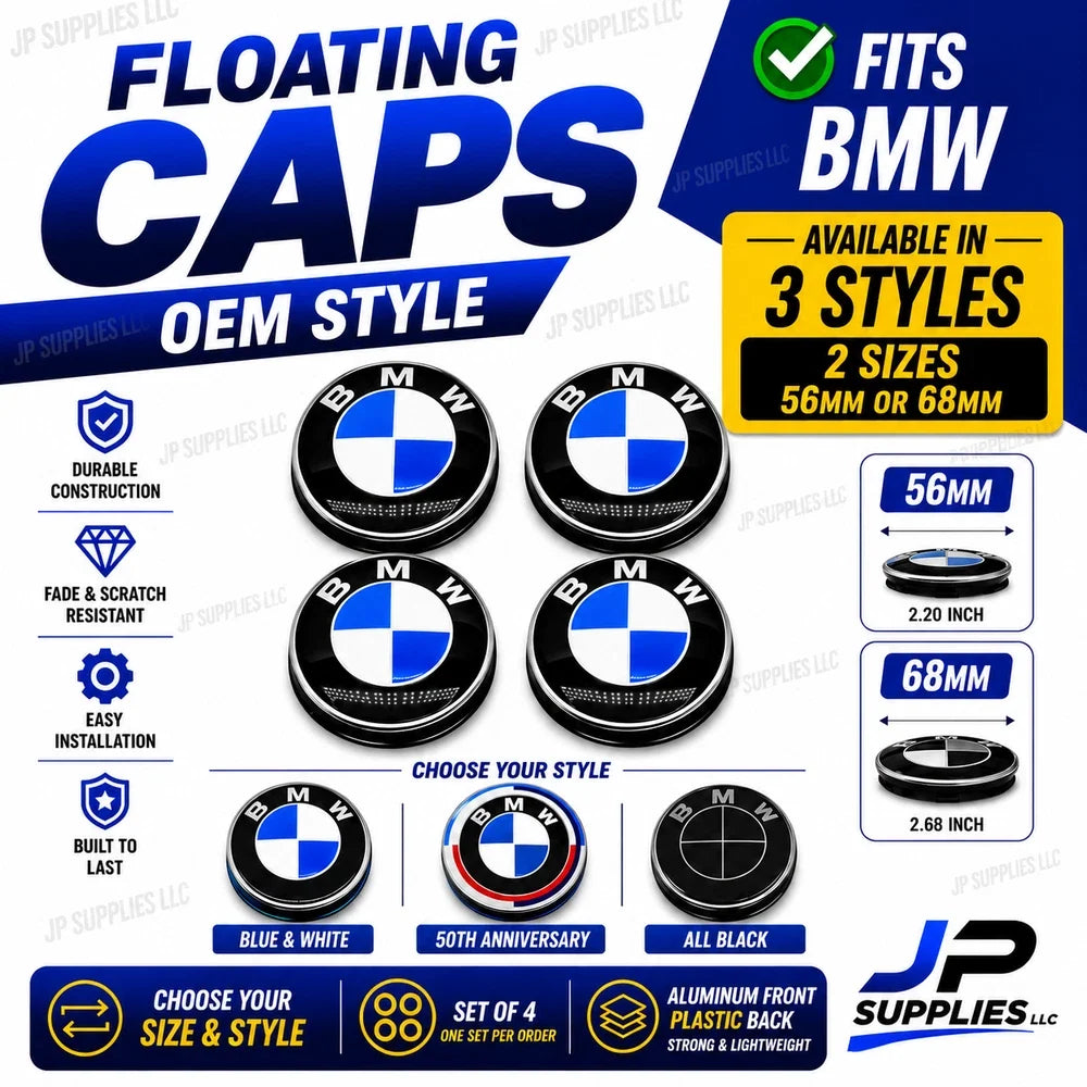 56mm 68mm Floating Center Caps Fits BMW Blue Black 50th Anniversary Set of 4